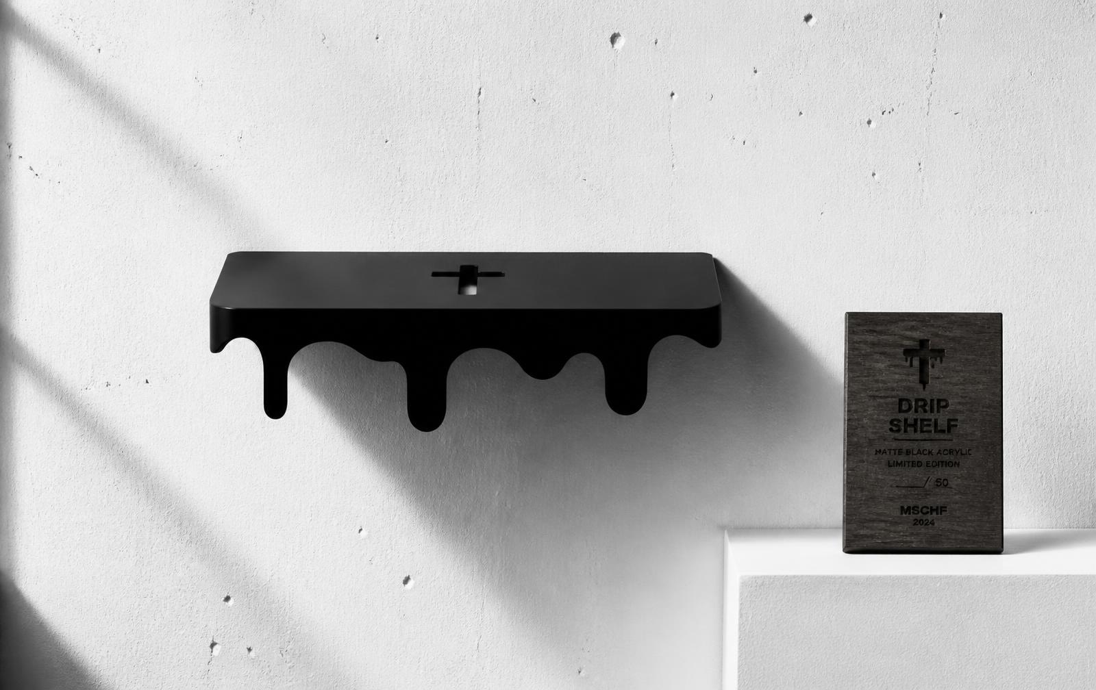 Engraved acrylic drip shelf and walnut plaque in a clean studio